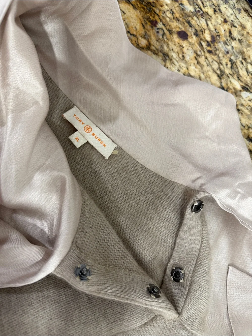 Tory Burch XL Wool Fur Blend Sweater Silk Scarf Neck Beige Long Sleeve